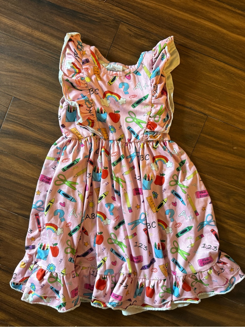 Girls' Pink School Print Ruffle Dress